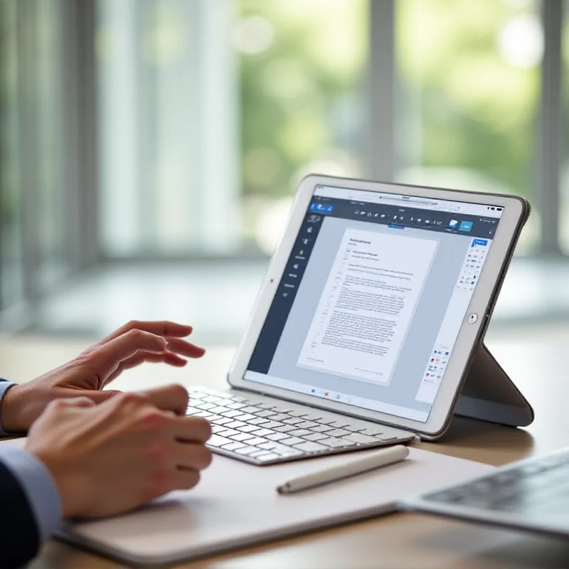 A person sitting at a desk using an iPad Air with the Magic Keyboard attached. The iPad is displaying a document editing application, highlighting its potential for productivity.