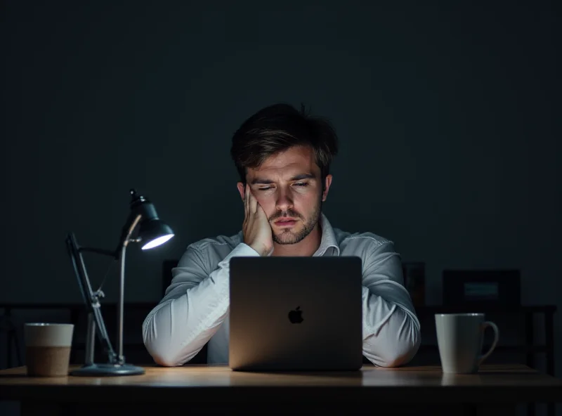 Conceptual image of a frustrated person looking at an Apple device with a loading screen, emphasizing the delay of Apple Intelligence features.