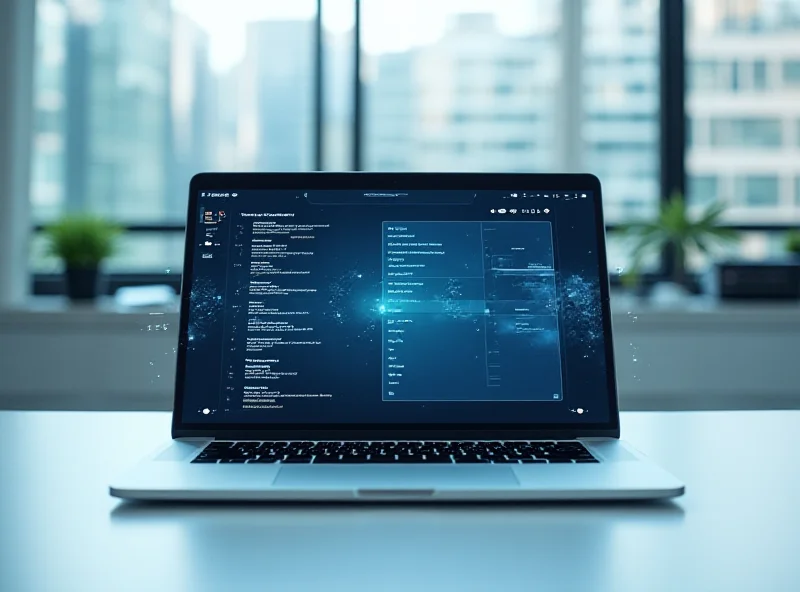 A sleek, futuristic MacBook with subtle AI interface elements overlaid on the screen, showcasing the potential of an AI-powered laptop.