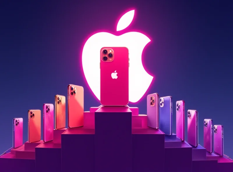 Illustration of iPhone 15 on a pedestal, surrounded by other popular smartphones, with a glowing Apple logo in the background.