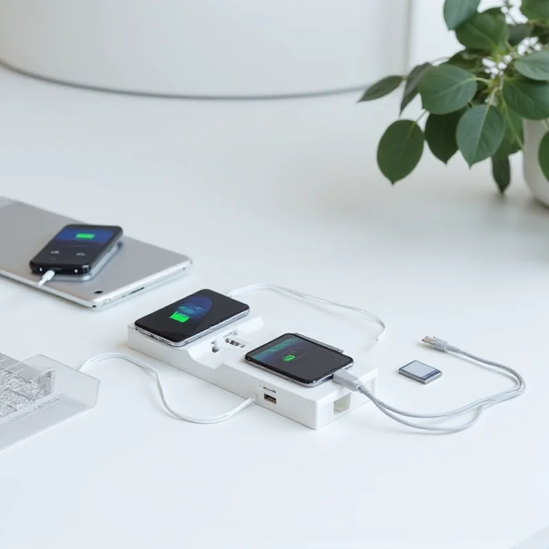 Studio shot of the Ugreen 100W GaN Mini MagSafe Power Station charging an iPhone with MagSafe, with other USB devices plugged in.