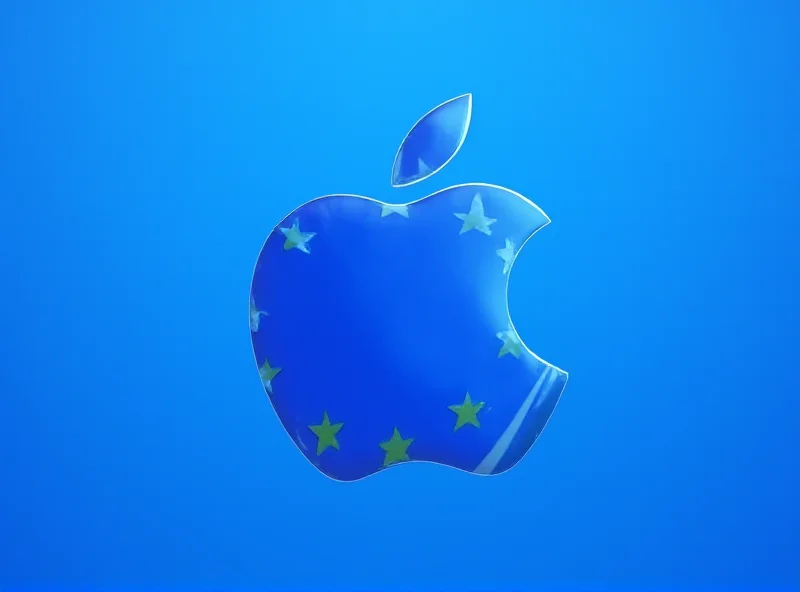 Illustration of the European Union flag with an Apple logo fading into it, symbolizing the challenges Apple faces in the EU market.