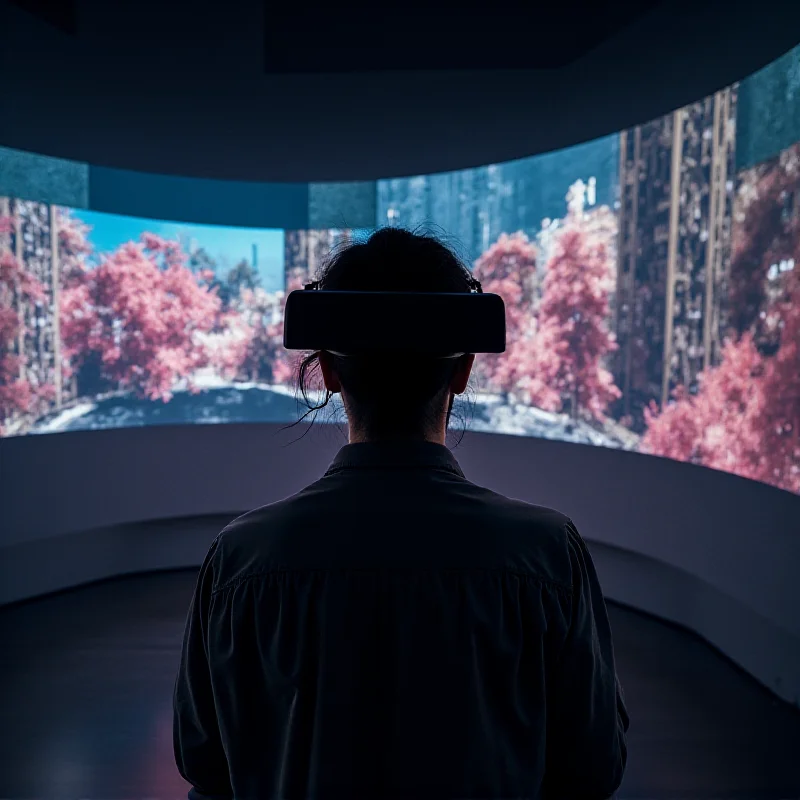 A person wearing Apple Vision Pro, immersed in a spatial gallery environment showing panoramic images and spatial videos.