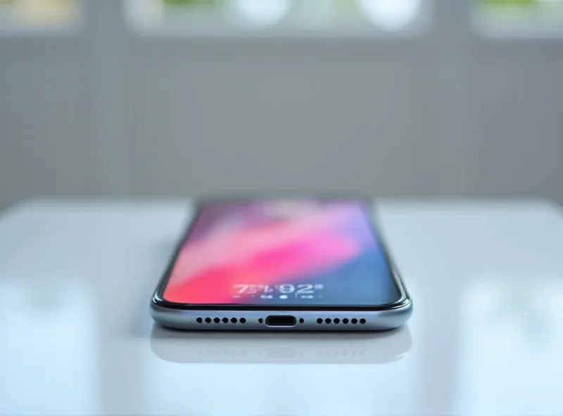 The iPhone 16e displayed on a table, highlighting its sleek design and charging port. The background is blurred, focusing attention on the phone itself.