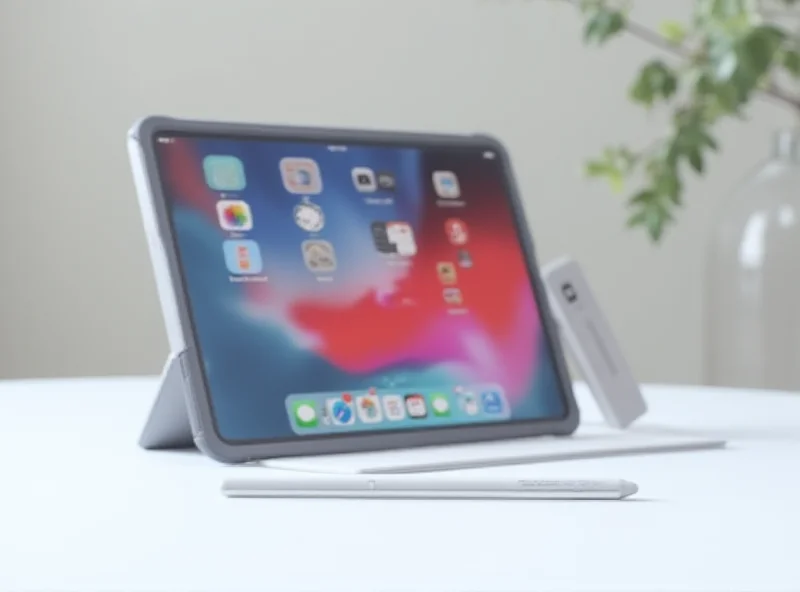 An 11-inch iPad Air in Space Gray is shown on a white table, displaying a vibrant app-filled home screen. The iPad is propped up in landscape mode, with the Apple Pencil resting on the table next to it.