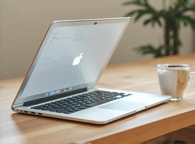 A sleek silver MacBook Air with the Apple logo subtly visible on the lid, resting on a modern wooden desk. The screen displays a clean, minimalist desktop with a few icons, and a cup of coffee sits nearby.