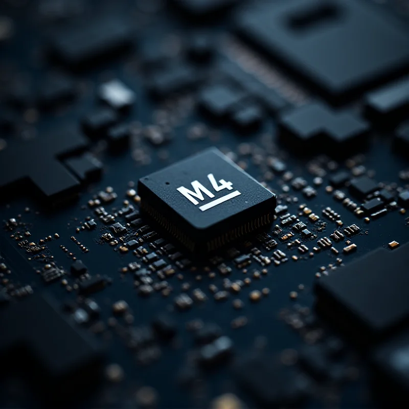 Close-up shot of the M4 chip on a MacBook Air motherboard. The chip is prominently displayed, showcasing its intricate design and connections. The motherboard is surrounded by other electronic components, creating a tech-focused image.