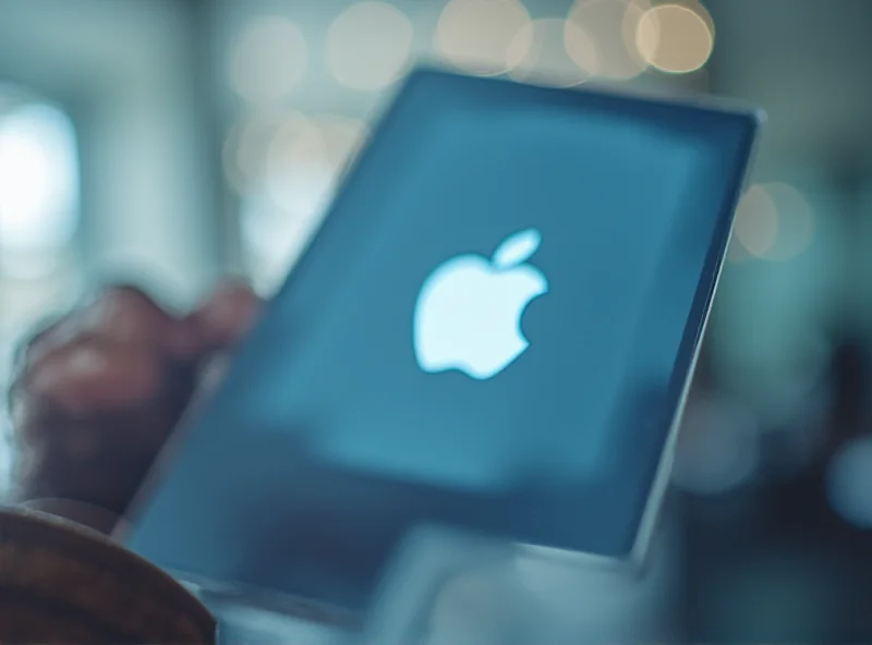 Close-up of an iPad showing the Apple logo with a blurred background of a modern office.