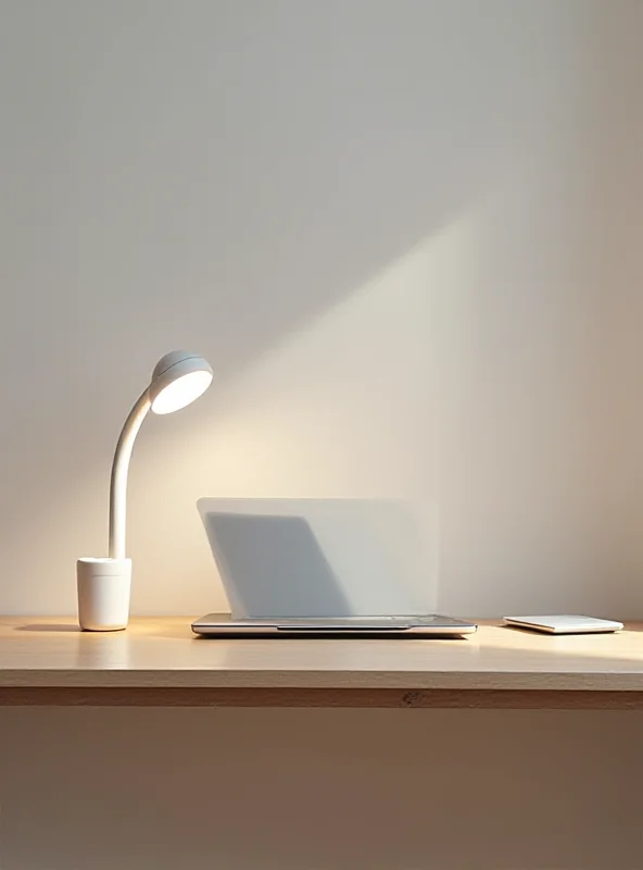 A sleek silver MacBook Air laptop resting on a modern wooden desk with a minimalist white lamp in the background.