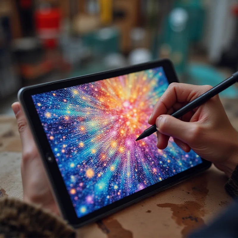 A person holding an iPad with a stylus pen in their hand, using it for digital art with vibrant colors displayed on the screen.