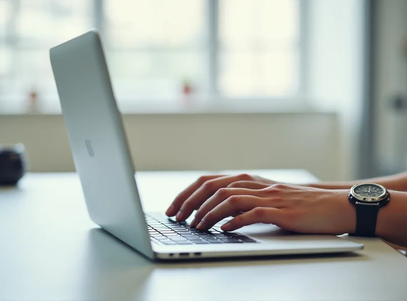 A sleek new MacBook Air on a desk, with a person typing on it.