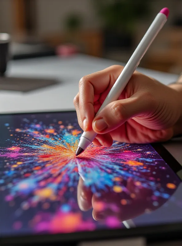 Close-up of an iPad Air showing a vibrant display and a person holding an Apple Pencil.