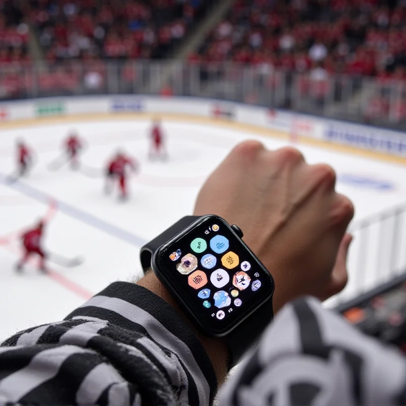 An NHL referee wearing an Apple Watch during a hockey game, clearly showing the watch face.