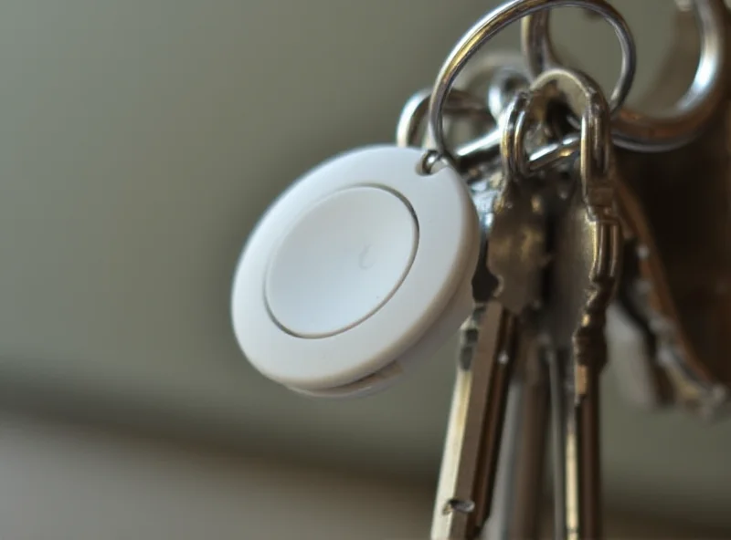 Close-up of an Apple AirTag attached to a keyring with keys, showcasing its compact design and practicality.