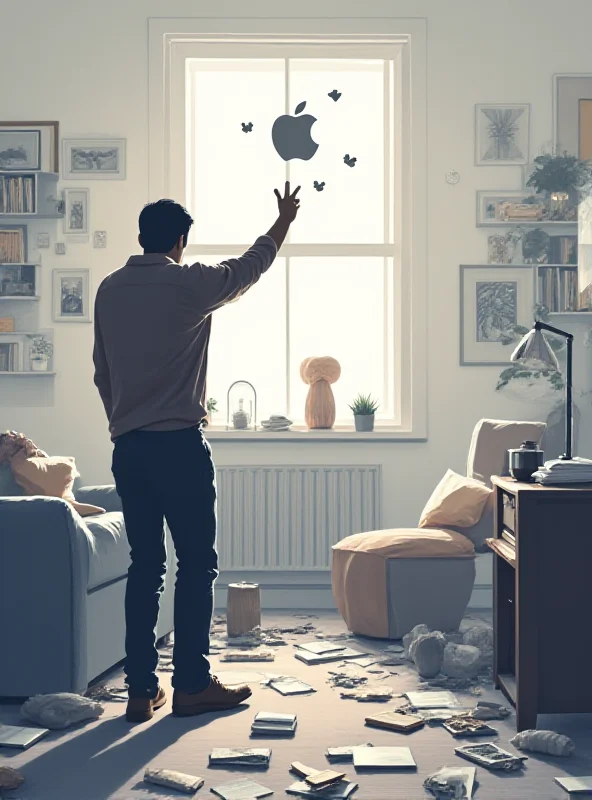 Digital illustration depicting a person looking frantically for their keys, with a subtle Apple AirTag icon hovering nearby, representing the solution to lost items.