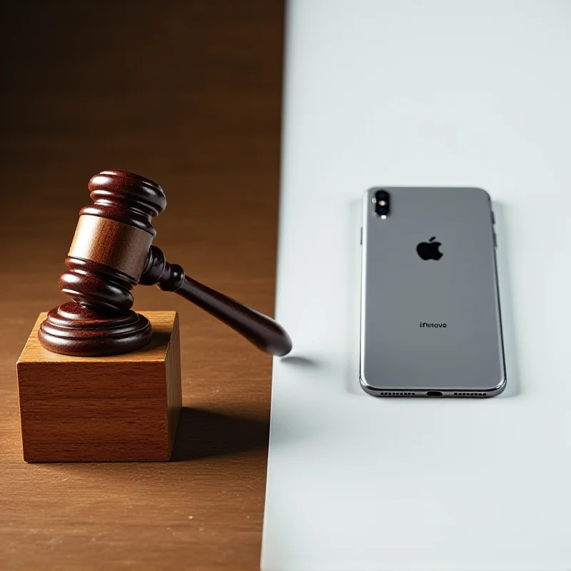 A split image showing a courtroom gavel on one side, symbolizing legal and security debates, and a sleek Apple product on the other, representing technological innovation and market presence.