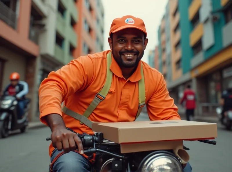 Blinkit delivery driver handing over an Apple product box to a customer in an urban Indian setting.