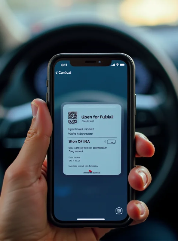 Close-up of an iPhone displaying a digital driver's license in Apple Wallet, with a blurred background of a car interior.