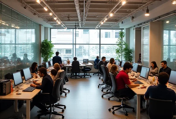 A modern office space in Brazil, filled with Amazon employees working collaboratively around tables and in meeting rooms.