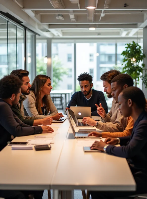 A diverse group of Apple employees collaborating around a table