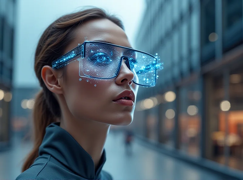 Conceptual rendering of Apple AR glasses user interface displaying information overlaid on the real world.