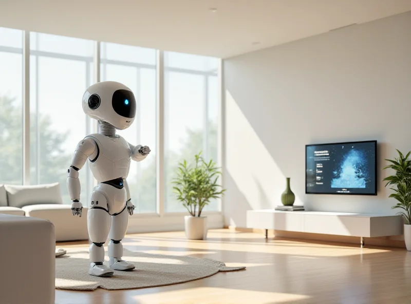 Conceptual rendering of an Apple humanoid robot interacting with smart home devices in a modern living room.