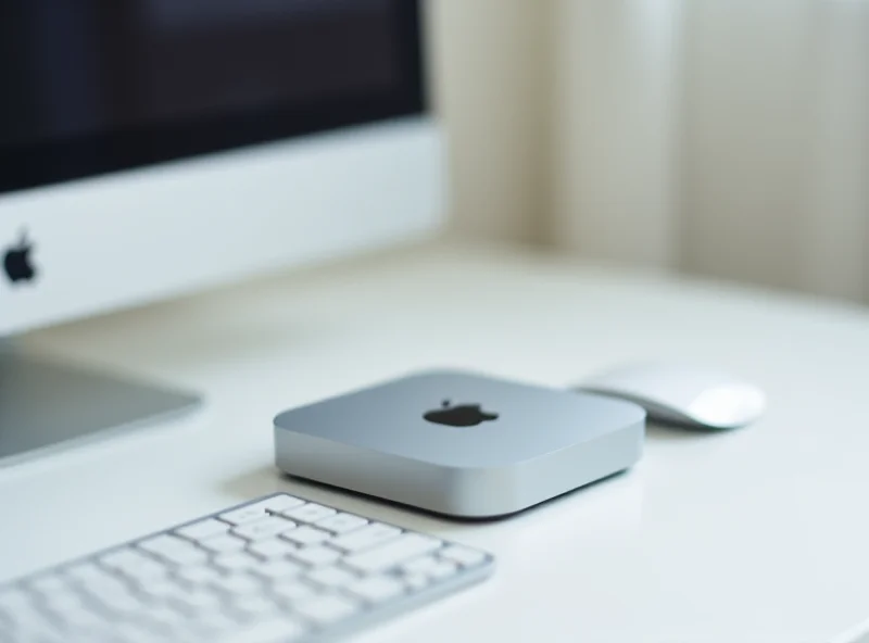 Close-up of an Apple Mac Mini M4 on a desk with a monitor, keyboard, and mouse. The Mac Mini is silver and looks sleek and modern. The background is a clean, minimalist office setting.