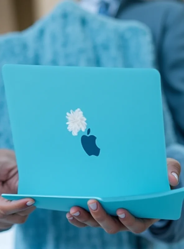 A person holding a new MacBook Air in the Sky Blue color. The laptop is open, and the screen is displaying a vibrant image. The person's hands are visible, and the background is blurred, emphasizing the laptop.