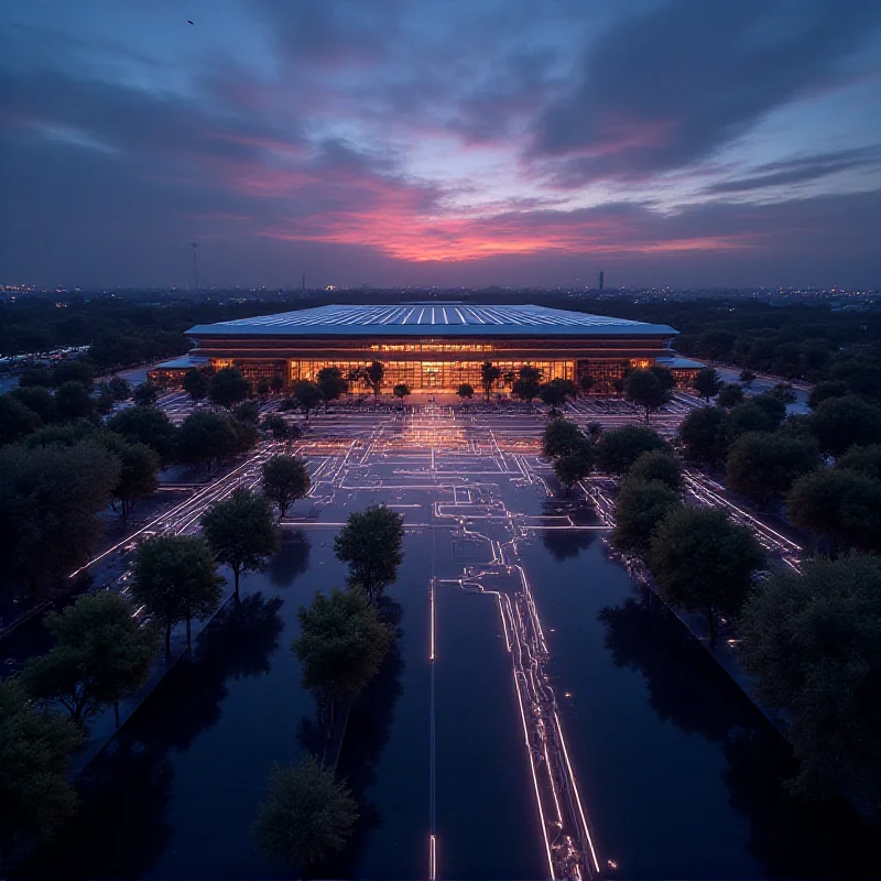 A futuristic depiction of Apple Park, Apple's headquarters, with glowing circuits overlaid on the landscape, symbolizing Apple's focus on silicon chip development and innovation. The image is set at dusk with a dramatic sky.