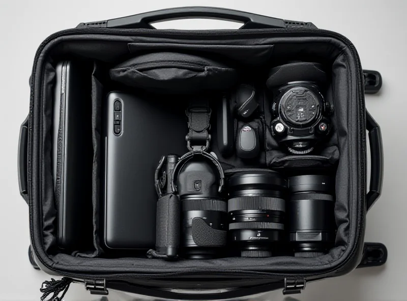 Peak Design Roller Pro Carry-On suitcase open with various tech and camera gear inside.