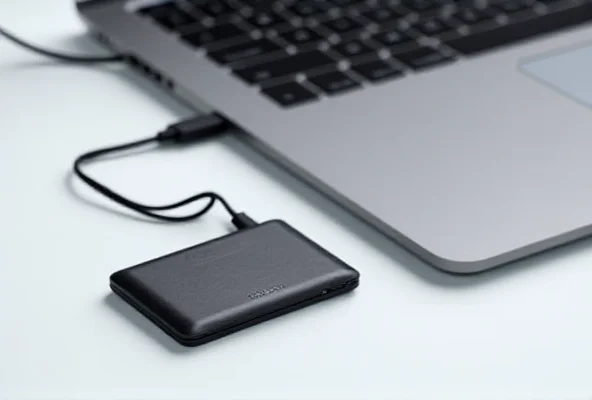 Close-up of the ADATA SE920 portable SSD connected to an Apple MacBook Pro