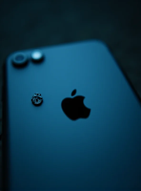 A close-up of the Apple logo on the back of an iPhone, with a subtle focus on security and privacy icons in the background.