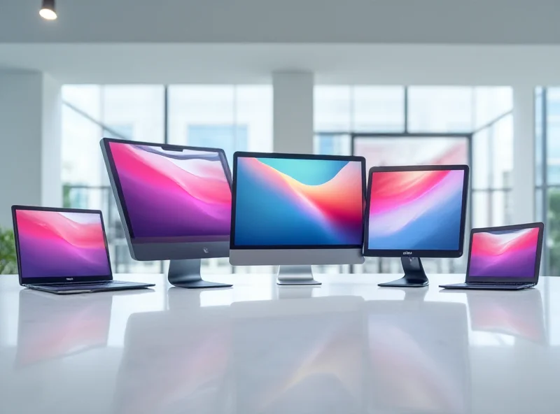 Various Apple Macs lined up on a table