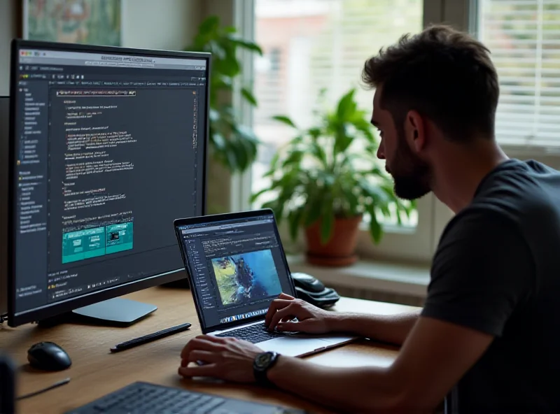 A person working on a 16-inch MacBook Pro connected to a large external monitor, showcasing a productive workspace.