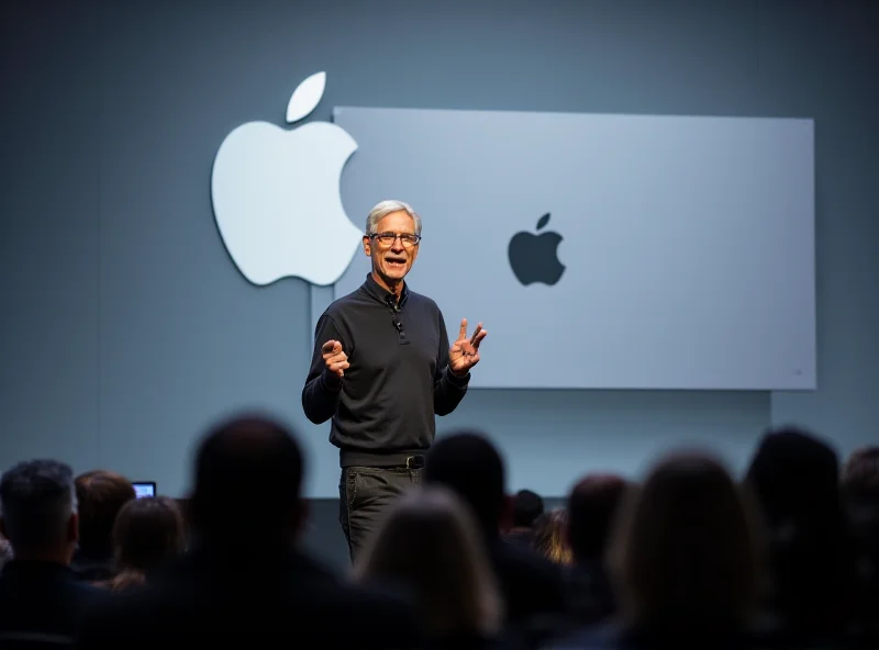 Tim Cook speaking on stage during an Apple event, announcing new language support for Apple Intelligence.