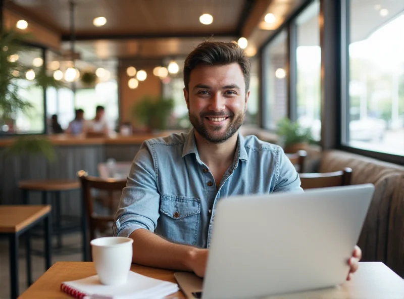 Image of a person happily using a MacBook Air in a coffee shop.