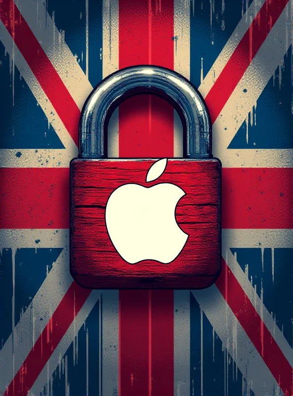 Illustration of a digital lock with the Apple logo being challenged by a Union Jack flag, representing the conflict between Apple's encryption and UK government demands.