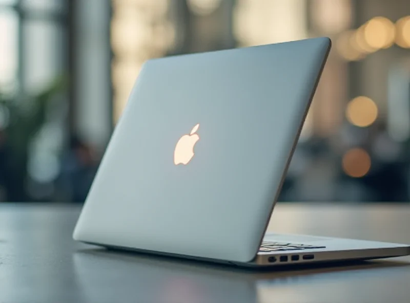 Close up of a MacBook Air with the Apple logo illuminated. The background is blurred, suggesting a professional environment.