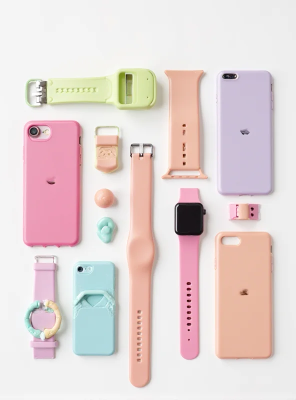 A variety of colorful iPhone cases and Apple Watch bands displayed on a clean white surface. The colors are vibrant and include pastels and brighter hues.