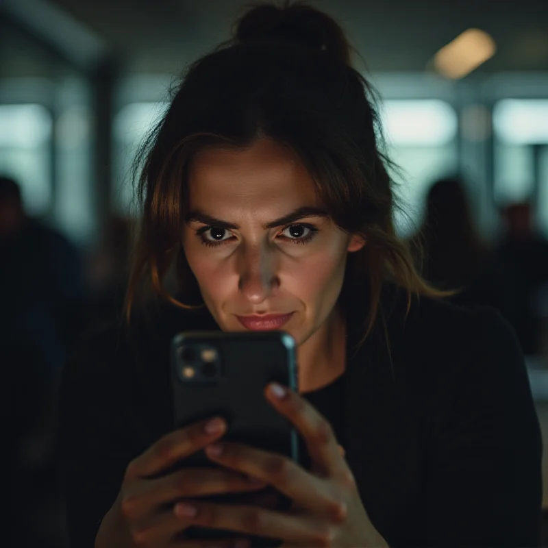 A worried person looking at their iPhone screen. The background is blurred, but suggests they are in a public space.