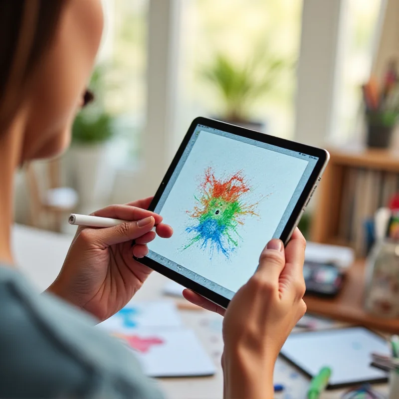 Image of a person holding the new iPad Air with the M3 chip, showcasing its slim design and vibrant display while they are working on a creative project.