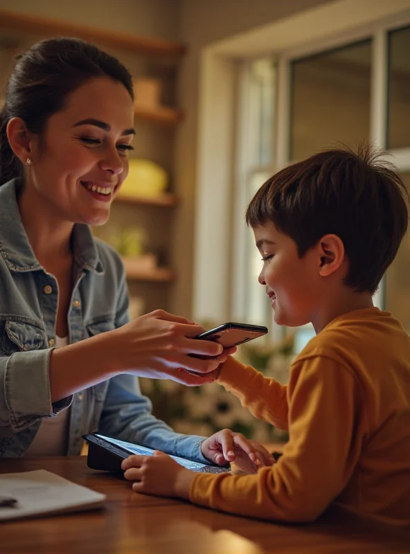 A parent handing a child a refurbished iPhone 16e, emphasizing responsible technology use and parental control.