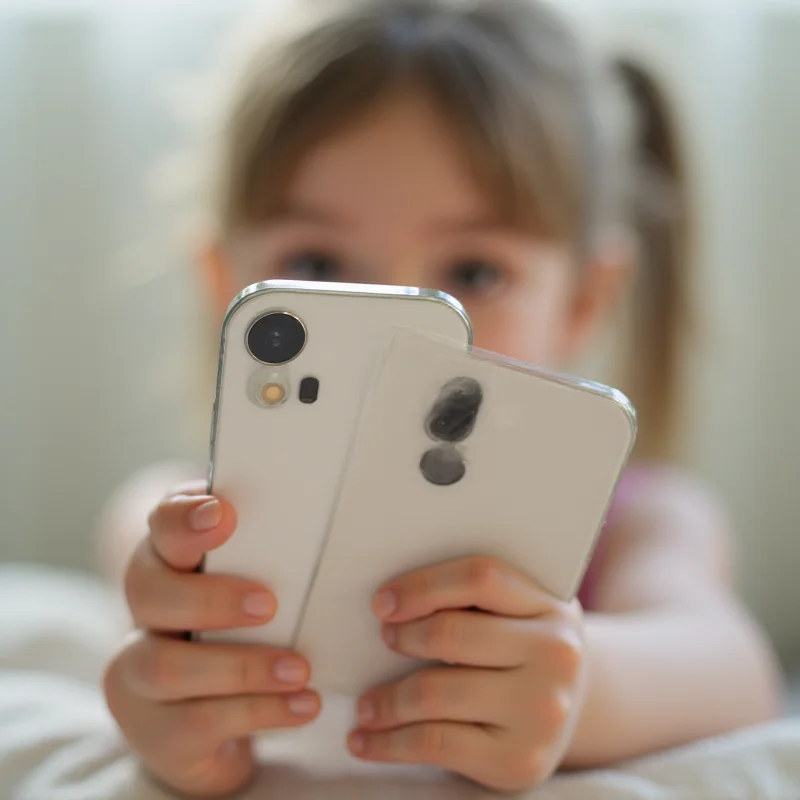 A close-up shot of the iPhone 16e, highlighting its camera and sleek design, with a focus on its suitability for children.