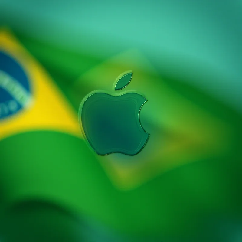 The Brazilian flag waving in the wind, with the Apple logo faintly visible in the background.