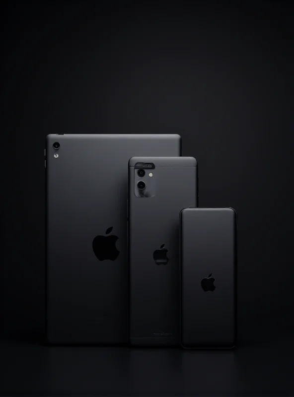 A collection of Apple devices in the Space Gray color, including an iPhone, iPad, and MacBook, arranged on a dark background.