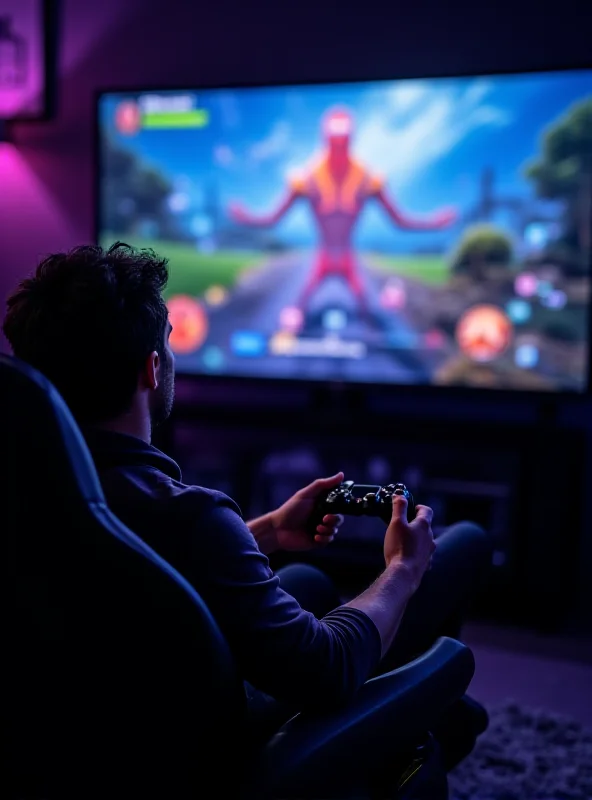 A person enthusiastically playing a video game on a large, vibrant 4K TV.