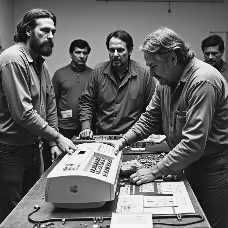 Black and white photograph of Steve Jobs and Steve Wozniak showcasing the first Apple computer at a Homebrew Computer Club meeting, surrounded by other club members.