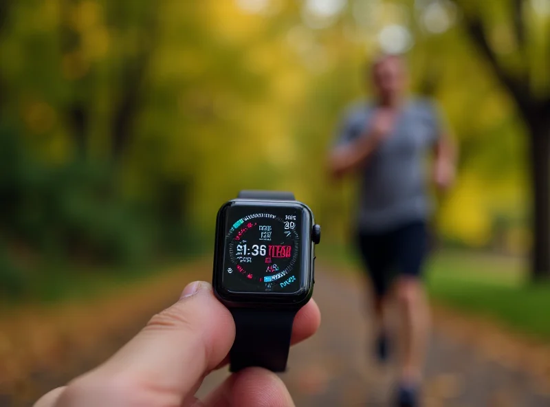 Close-up of an Apple Watch Series 10 display showing fitness metrics, with a person running in the blurred background.