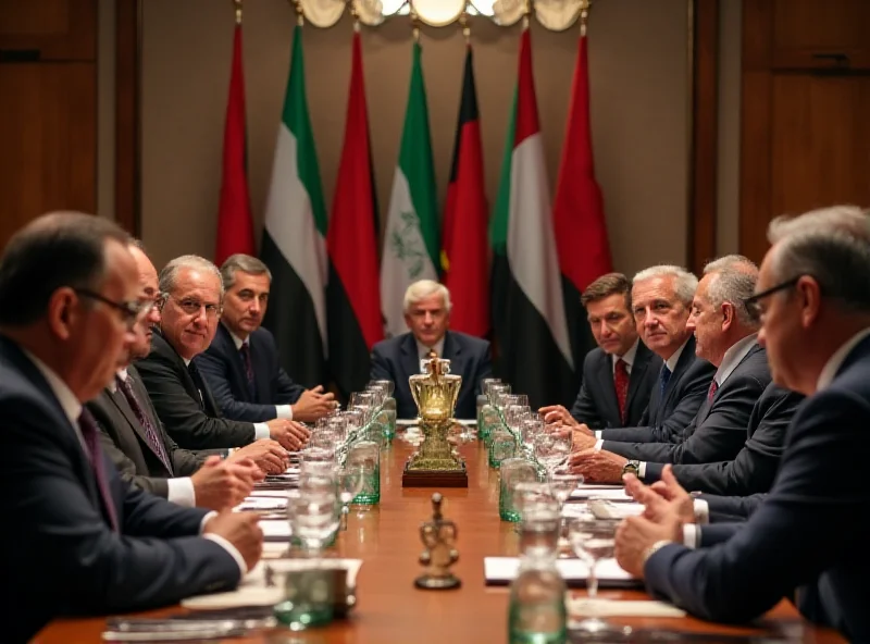 Arab leaders meeting around a table, discussing the Gaza reconstruction plan. Flags of various Arab nations are subtly visible in the background.