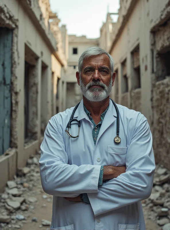 A doctor in Gaza, looking weary but determined, standing in front of a damaged hospital. Medical equipment is scattered around him, and the scene conveys a sense of resilience amidst devastation.